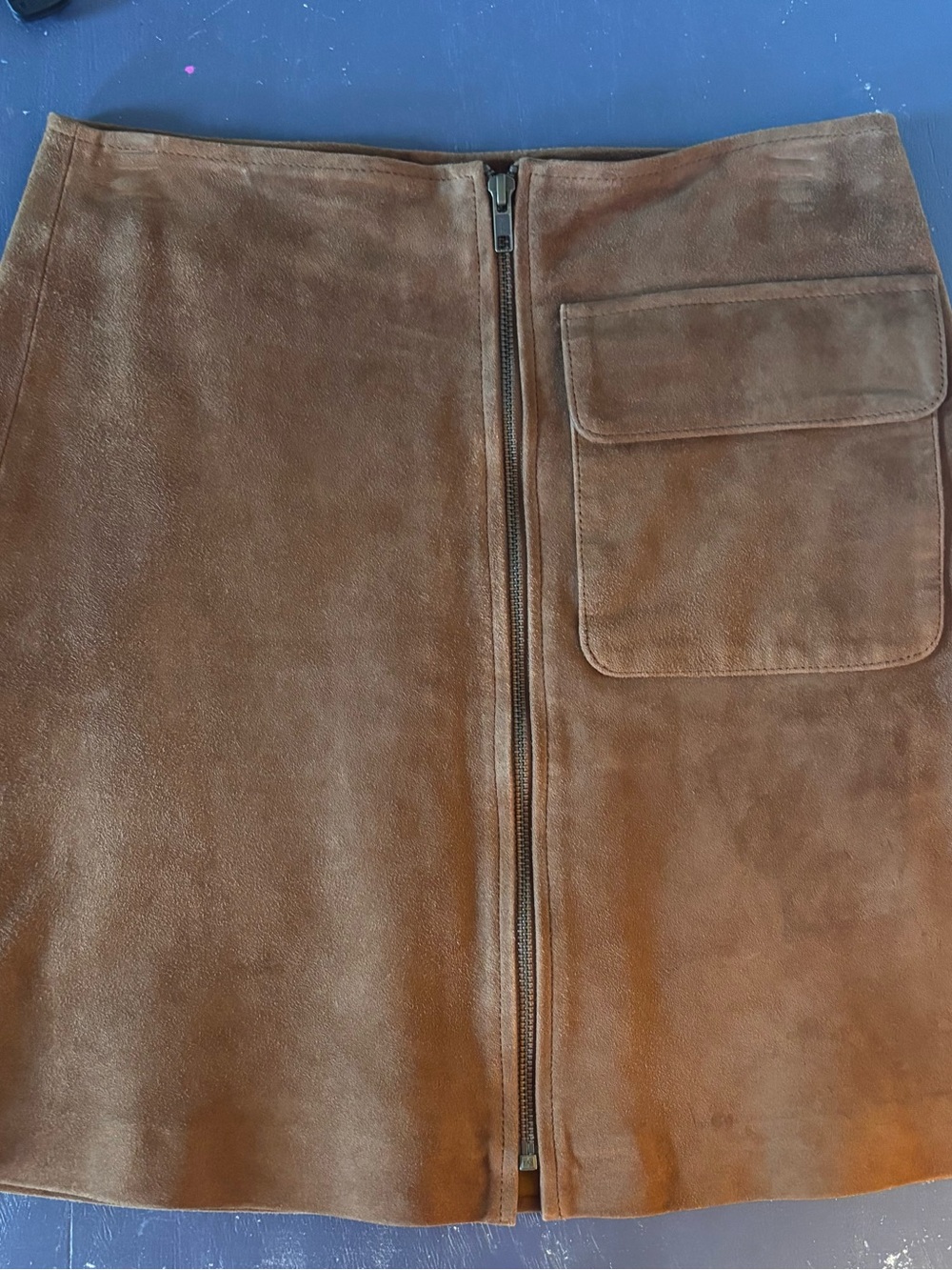 Suede Brown Mini Skirt with Front Zip & Flap Pocket